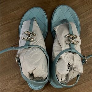 Chanel Blue Thong Sandals with Crystal Embellishment